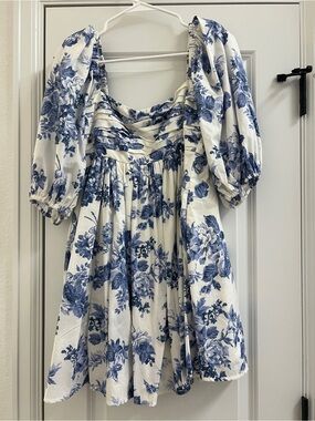 Abercrombie & Fitch White Puff Sleeve Mini Dress with Blue Floral Print